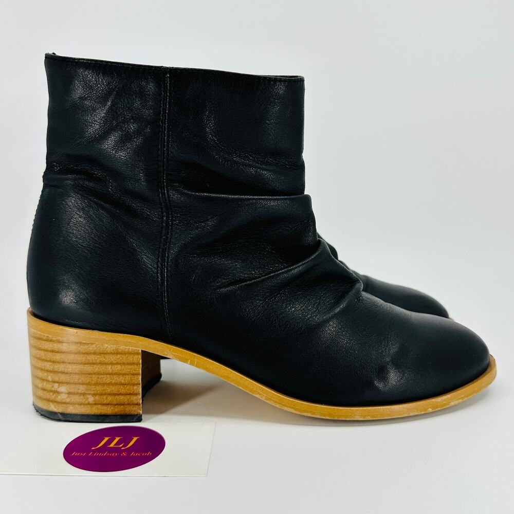 Anthropologie Women's Maia Black Leather Slouch Pull On Ankle Booties Size 37
